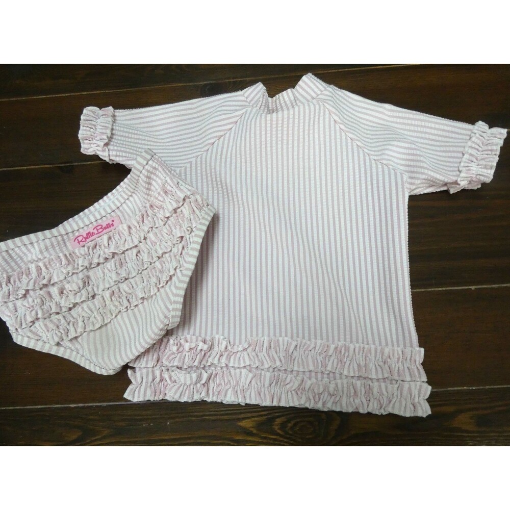 Ruffle Butts Girls 3T Swim Suit Set Pink White Striped Long Sleeve Top & Bottom